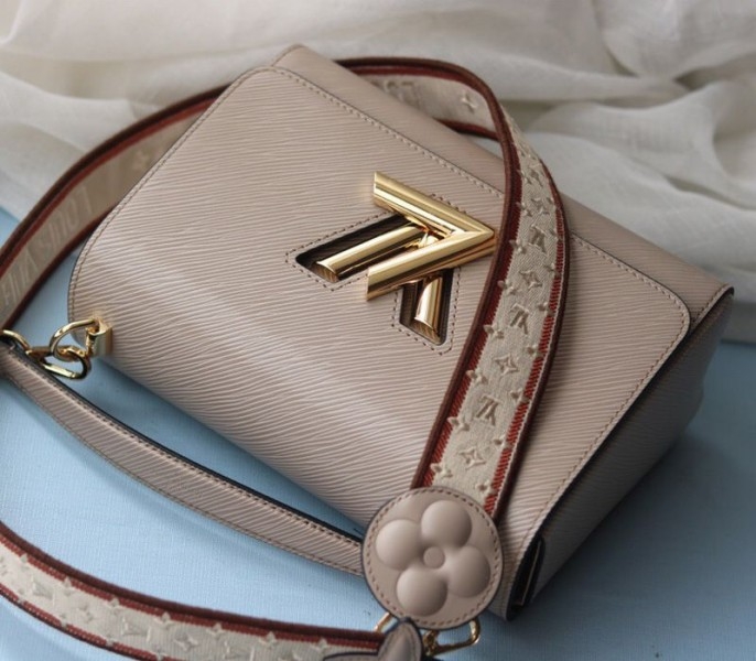 Louis Vuitton Epi Leather Twist MM Handbag In Galet Gray With Embroidered Strap angle 4
