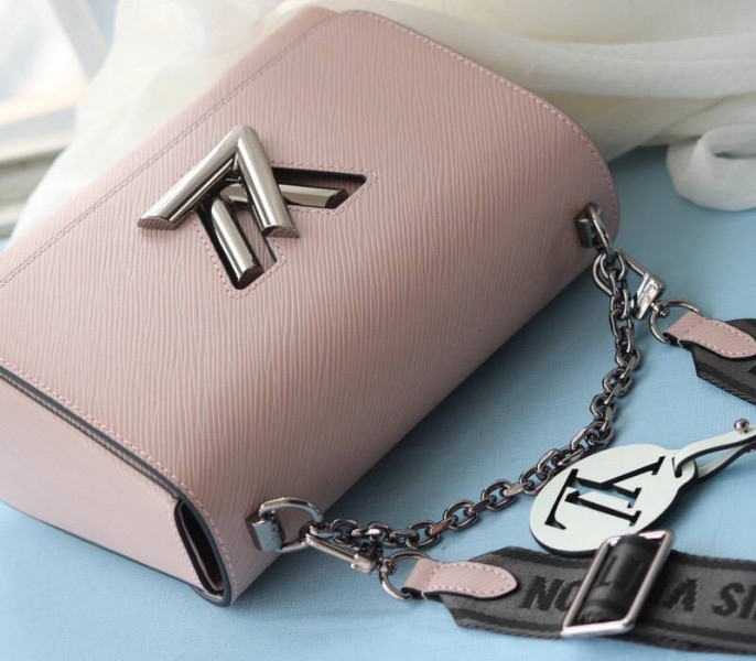 Louis Vuitton Epi Leather Twist MM Bag In Rose Ballerine Pink With Jacquard Strap angle 3