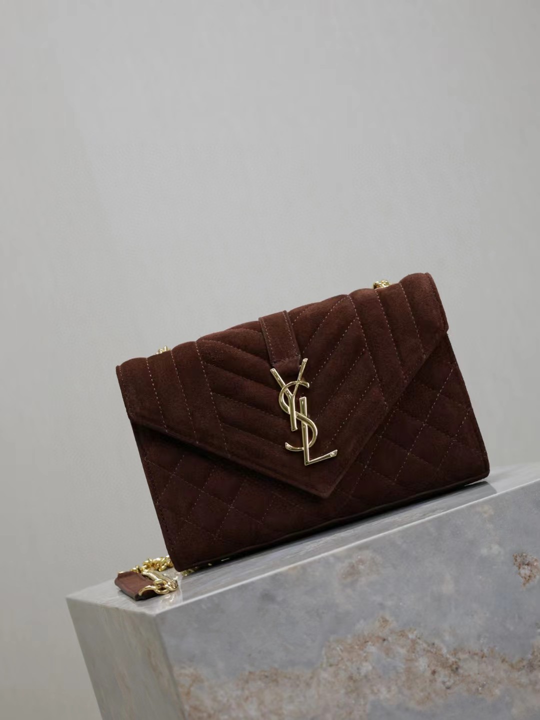 Saint Laurent Envelope Triquilt Small YSL Shoulder Bag in Suede angle 2