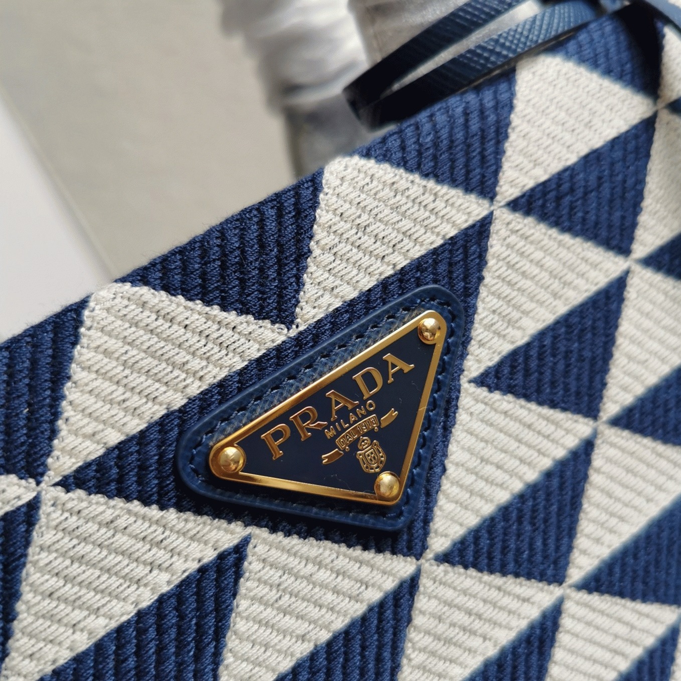Prada Symbole Small Bag Knockoff in White/Blue Jacquard Fabric angle 4