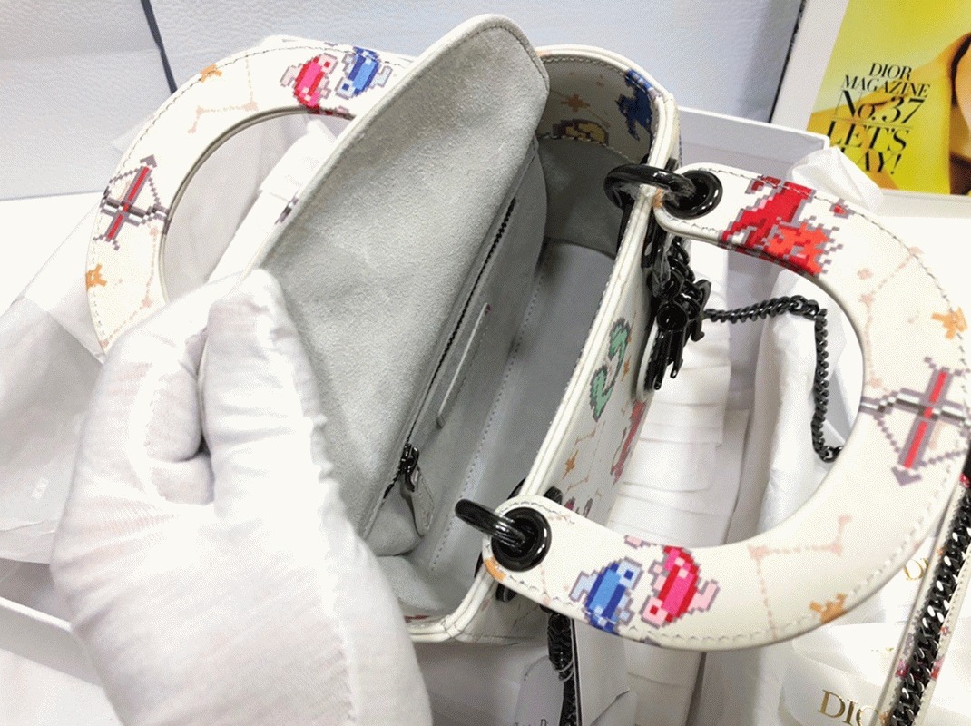 Dior Lady Dior Mini Bag Fake in White Calfskin with Pixel Zodiac Print angle 5