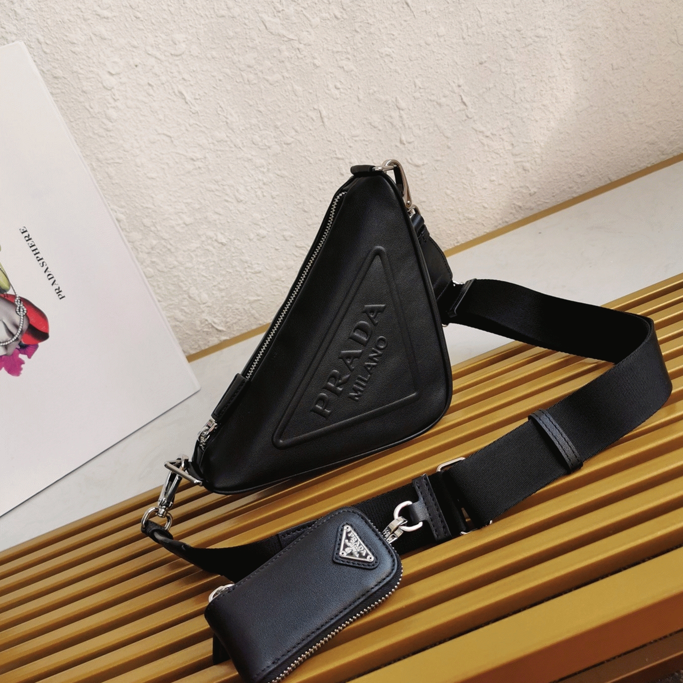 Prada Triangle Shoulder Bag Knockoff in Black angle 5