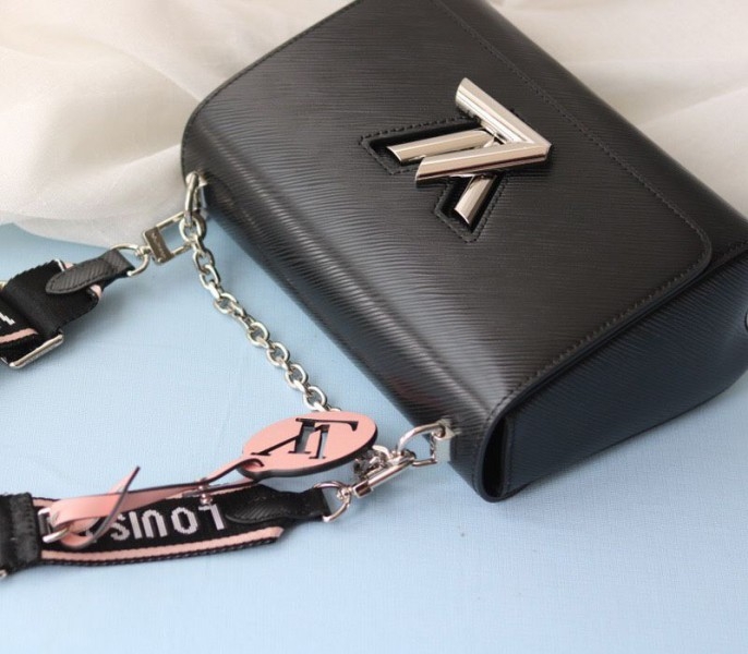 Louis Vuitton Epi Leather Twist MM Bag In Black With Jacquard Strap angle 4