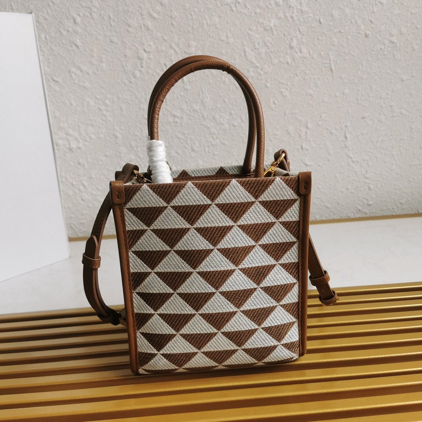 Prada Symbole Micro Bag Replica in White/Brown Jacquard Fabric angle 2
