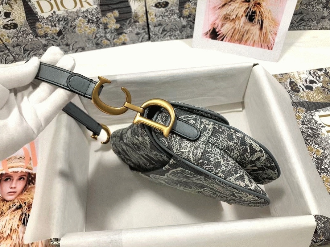 Dior Saddle Bag Faux in Grey Toile de Jouy Reverse Jacquard angle 4