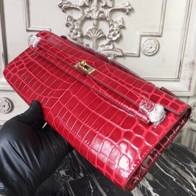 Red Crocodile Copy Hermes Kelly Cut Clutch Exotic Luxury Bag angle 2