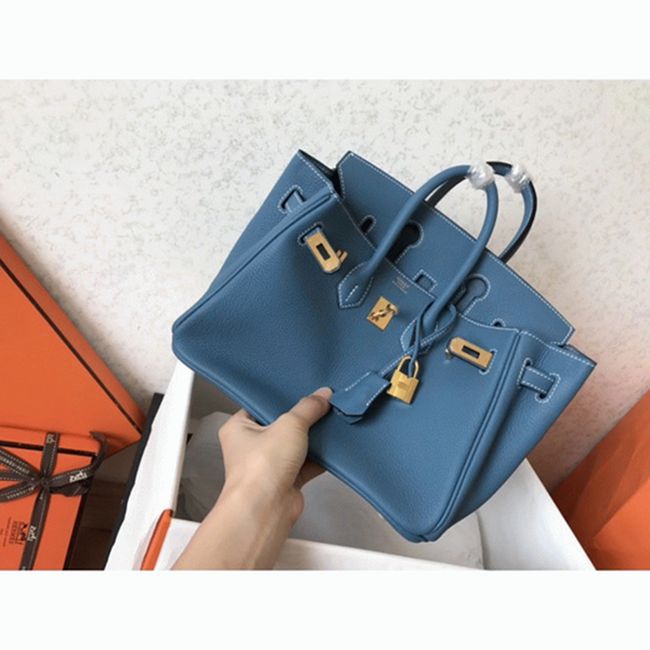 Luxury Hermes Birkin 25cm Counterfeit in Blue Jean Color angle 2