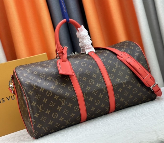 Louis Vuitton Monogram Macassar Canvas Keepall Bandouliere 50 In Red angle 2