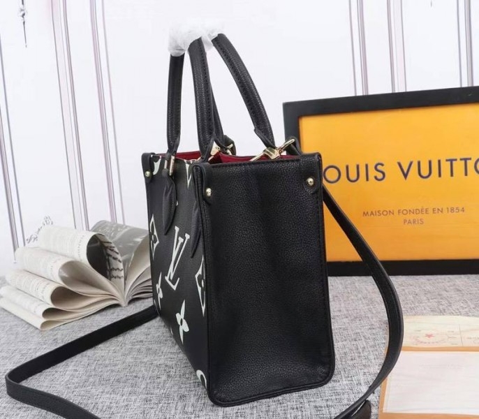 Louis Vuitton Bicolor Monogram Empreinte Leather Onthego PM Bag In Black And Beige angle 3