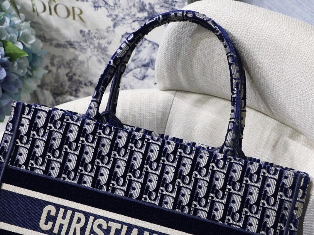 Dior Medium Book Tote Bag Knockoff in Blue Velvet Oblique Embroidered angle 3