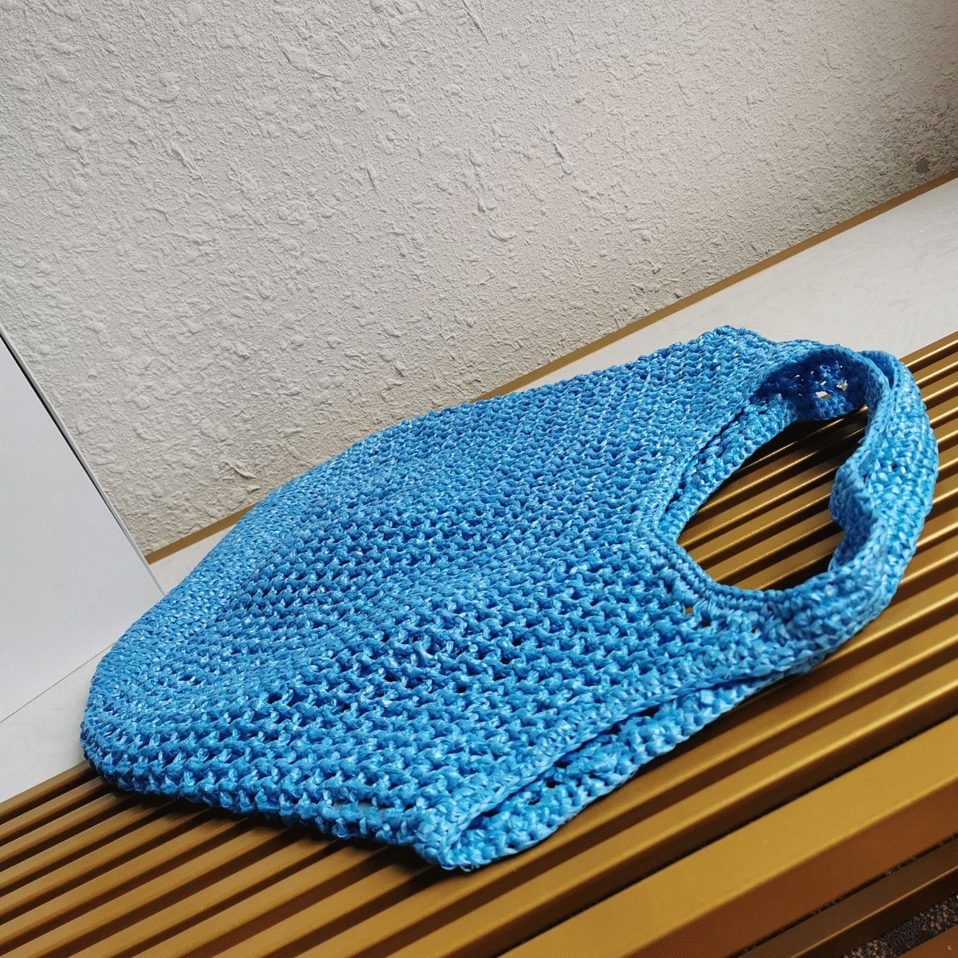 Prada Large Tote Bag in Blue Woven Raffia angle 3
