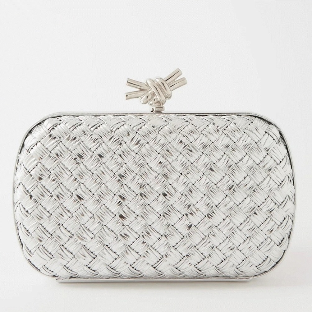 Fake Bottega Veneta Knot Minaudiere Clutch Silver Intreccio
