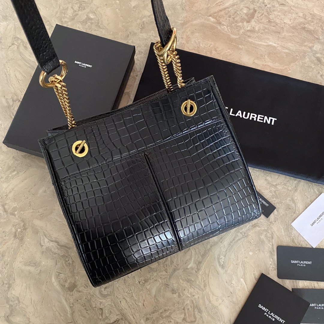 YSL Saint Laurent classic reproduction crocodile pattern shopping bag with detachable chain, bronze metal chain angle 3
