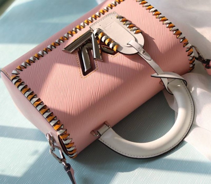 Louis Vuitton Epi Leather Twist MM Bag In Rose Bellerin Pink With Braided Edges Flap angle 4