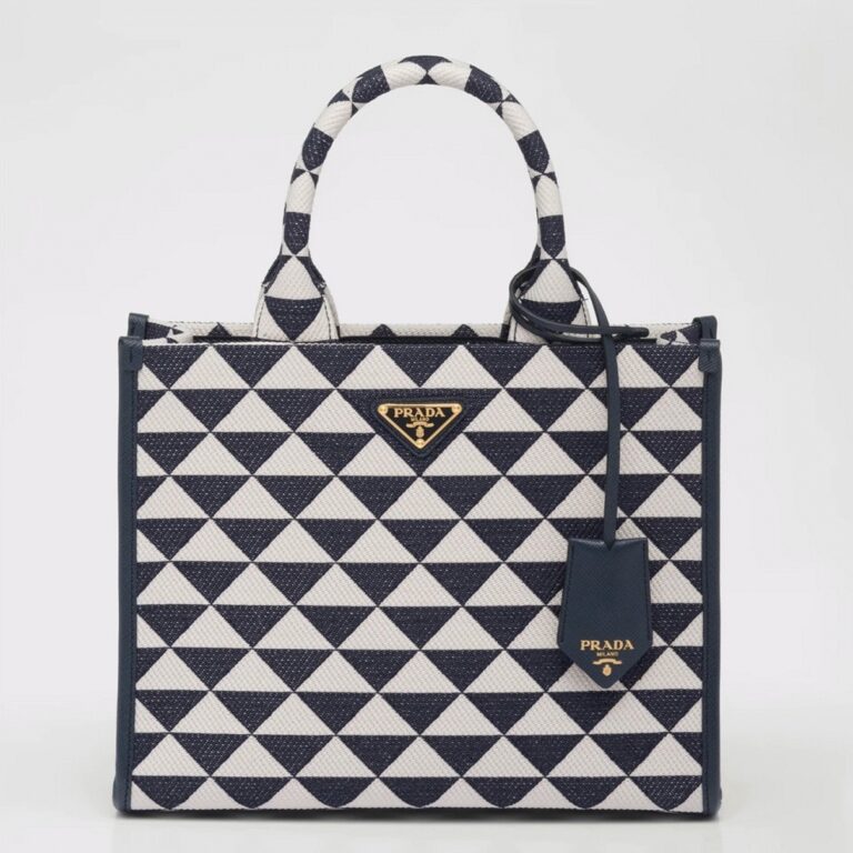 Prada Symbole Small Bag Knockoff in White/Blue Jacquard Fabric