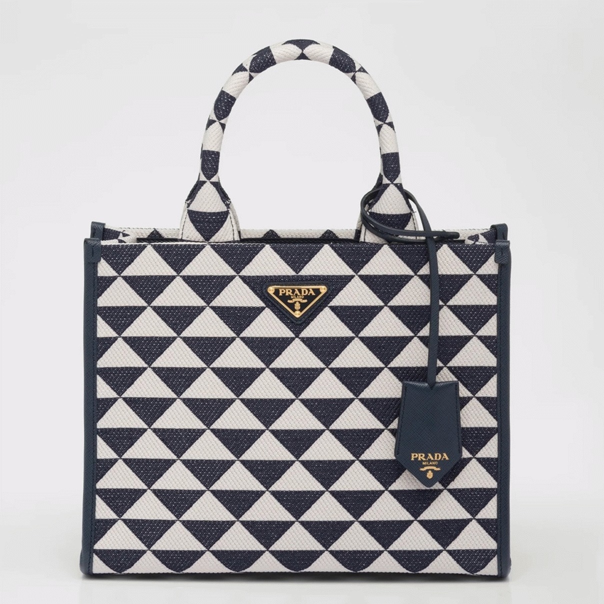 Prada Symbole Small Bag Knockoff in White/Blue Jacquard Fabric