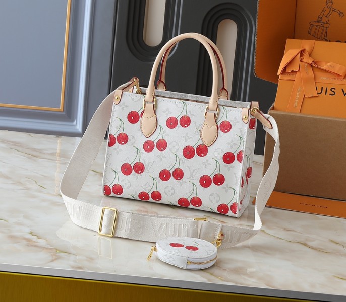 LV X TM Monogram Cherry Canvas Onthego PM In White angle 4