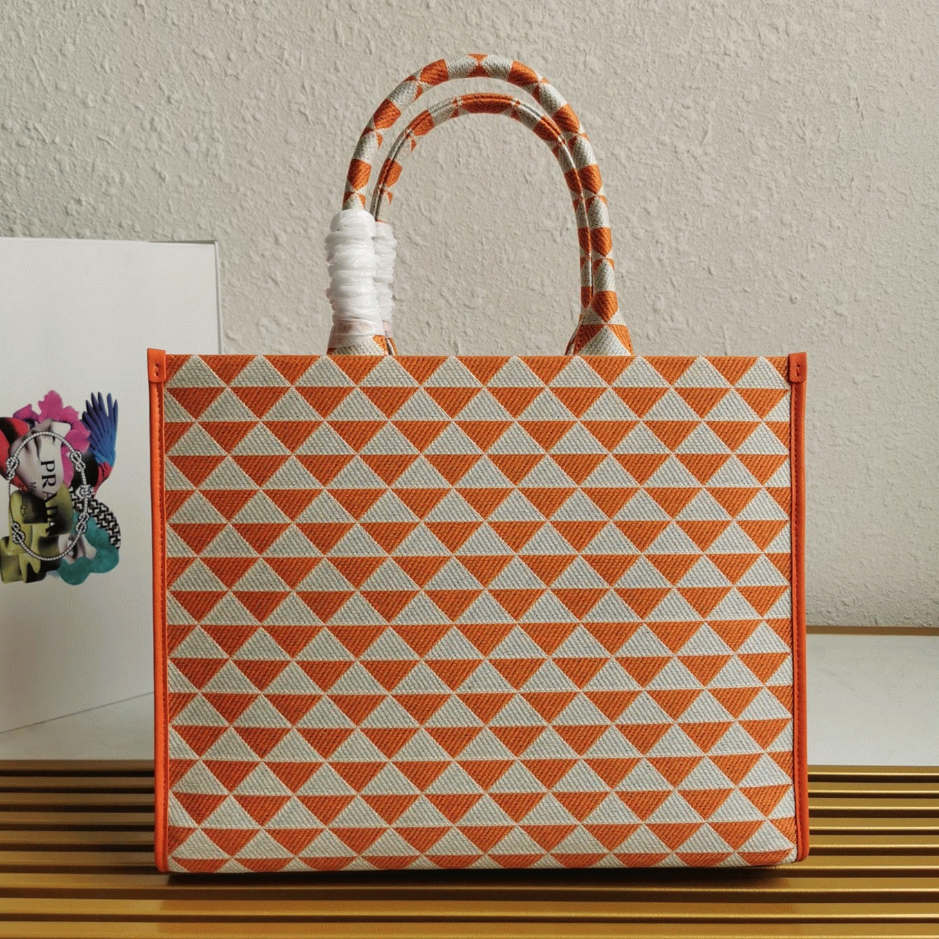 Prada Symbole Large Bag Imitation in Orange/White Jacquard Fabric angle 2