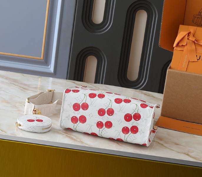 LV X TM Monogram Cherry Canvas Onthego PM In White angle 3