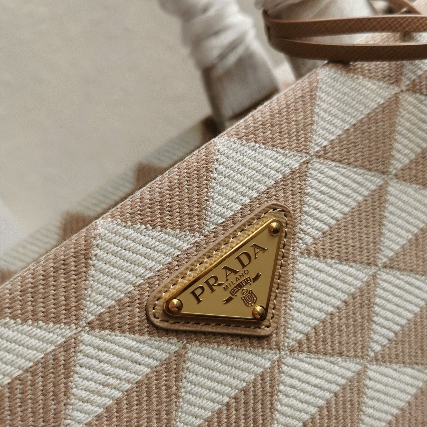 Prada Symbole Small Bag Fake in Beige/White Jacquard Fabric angle 2