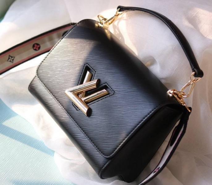 Louis Vuitton Epi Leather Twist MM Bag Black With Jacquard Strap angle 3
