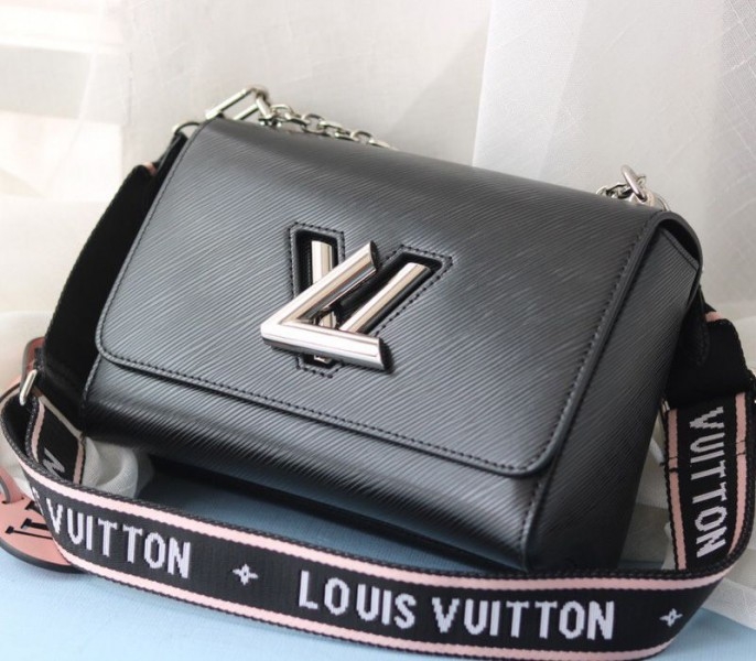 Louis Vuitton Epi Leather Twist MM Bag In Black With Jacquard Strap angle 3