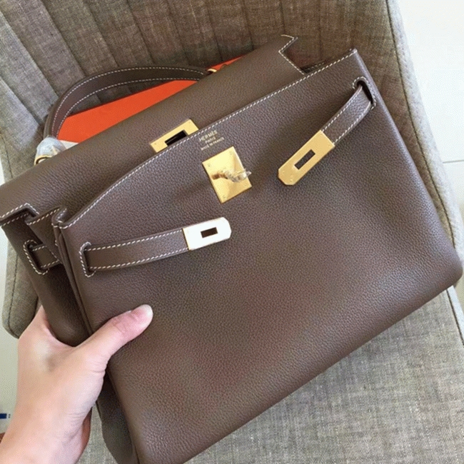 Etoupe Clemence Copy Top Quality Hermes Kelly Retourne 32cm Bag angle 5