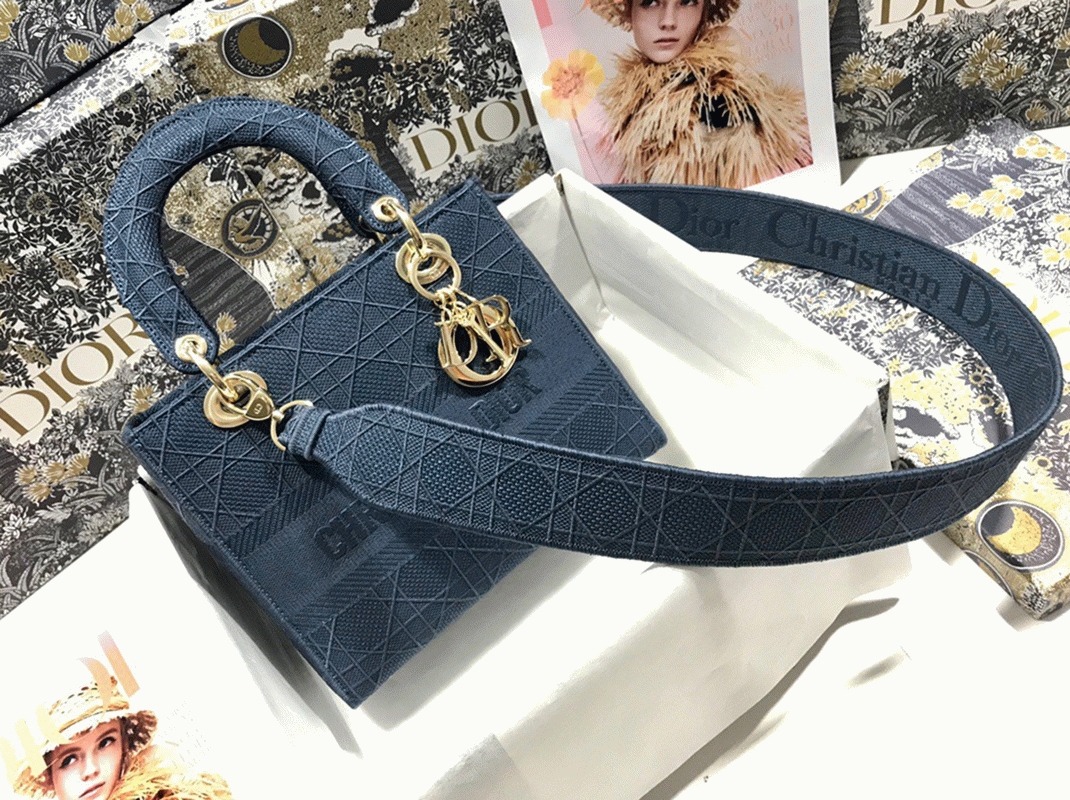 Dior Lady D-Lite Medium Bag Fake in Blue Cannage Embroidered Canvas angle 3