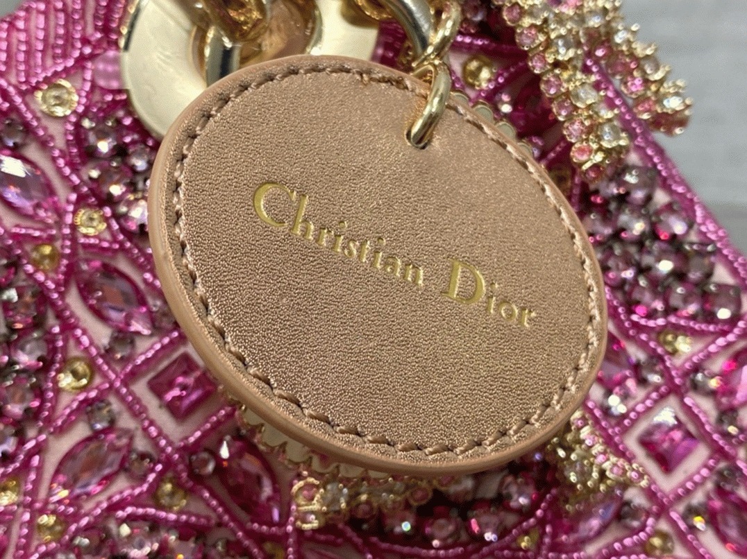 Dior Lady Dior Mini Chain Bag Fake in Satin with Pink Resin Pearl Embroidery angle 5