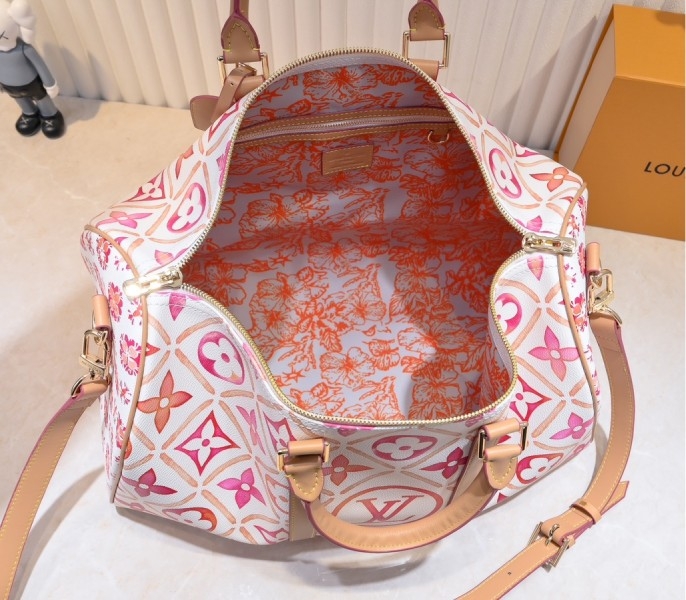 LV By The Pool Monogram Tiles Canvas Keepall 45 In Coral angle 5