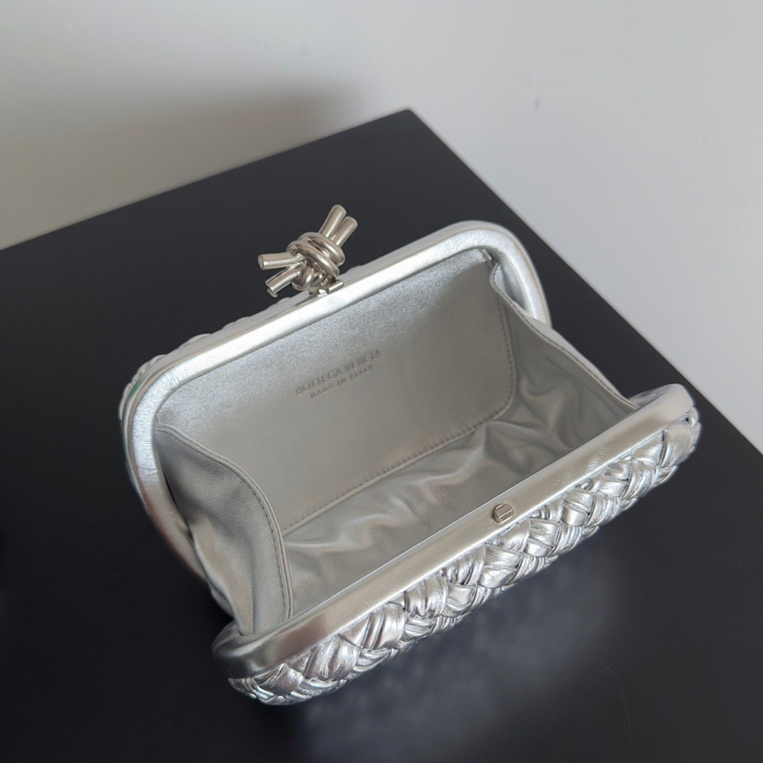 Fake Bottega Veneta Knot Minaudiere Clutch Silver Intreccio angle 2