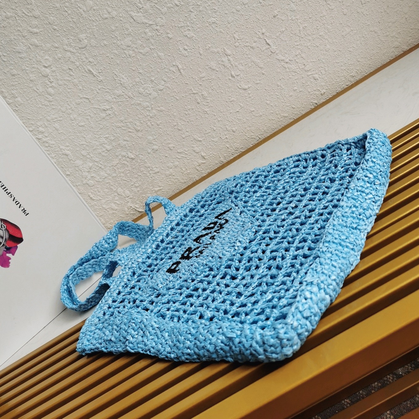 Prada Small Tote Bag Knockoff in Blue Woven Raffia angle 3