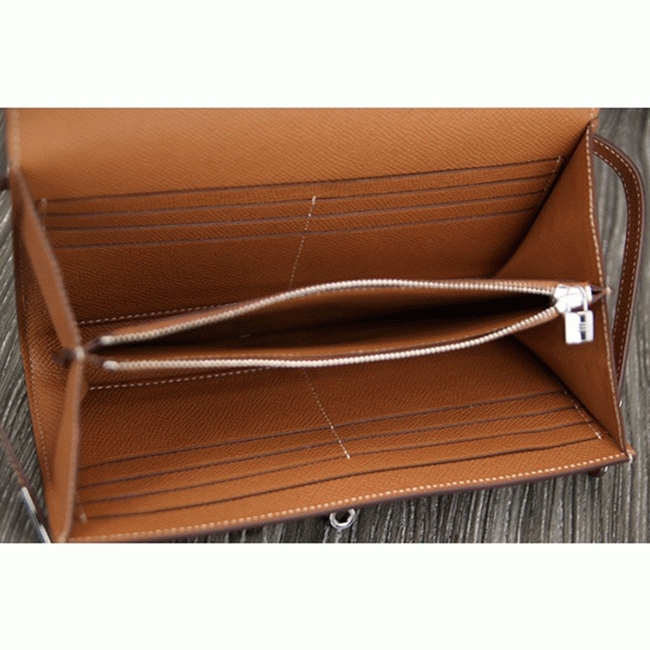 Brown fake designer Hermes Kelly Longue wallet angle 4