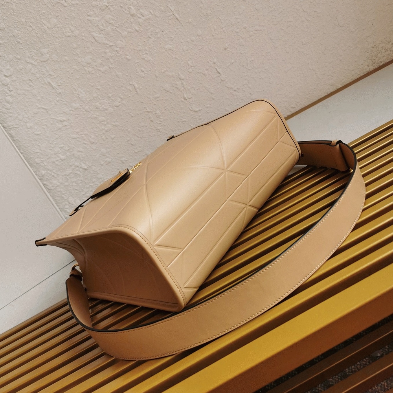 Prada Symbole Small Bag Imitation with Topstitching in Beige angle 2