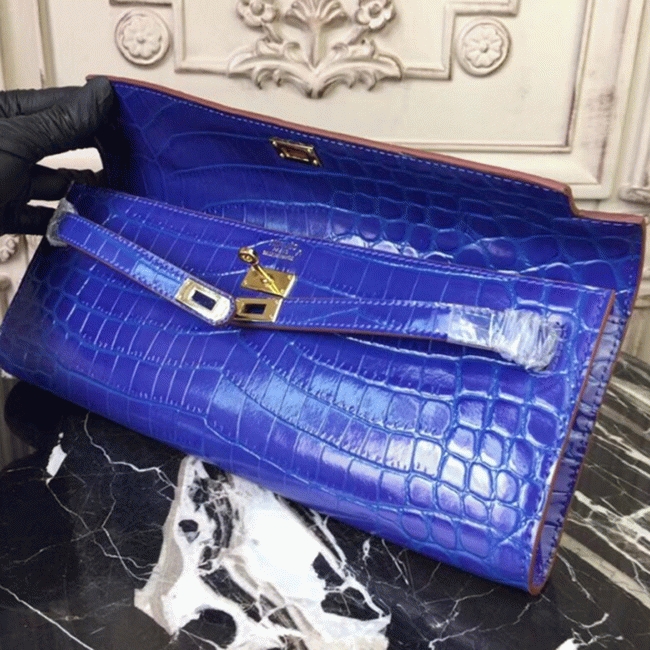 Blue Electric Crocodile Replica Hermes Kelly Cut Clutch Bold Statement angle 4
