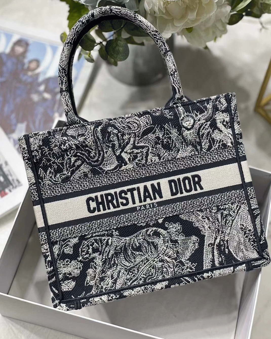 Dior Small Book Tote Bag Knockoff in Blue Toile de Jouy Reverse Embroidery angle 3