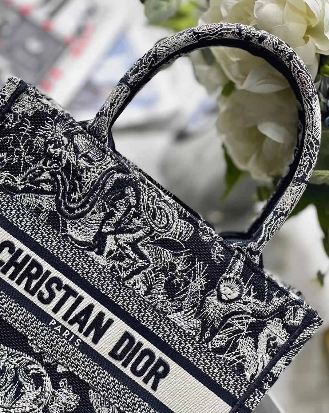 Dior Small Book Tote Bag Knockoff in Blue Toile de Jouy Reverse Embroidery angle 4