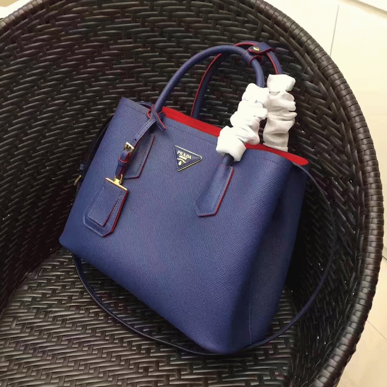 Blue Prada Double Medium Tote Bag Replica angle 4