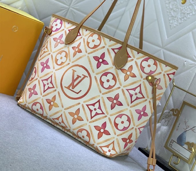 Louis Vuitton LV By The Pool Monogram Tiles Canvas Neverfull MM Tote In Coral angle 3