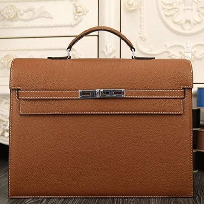 Brown Calf Leather Fake Hermes Kelly Depeche 38cm Briefcase