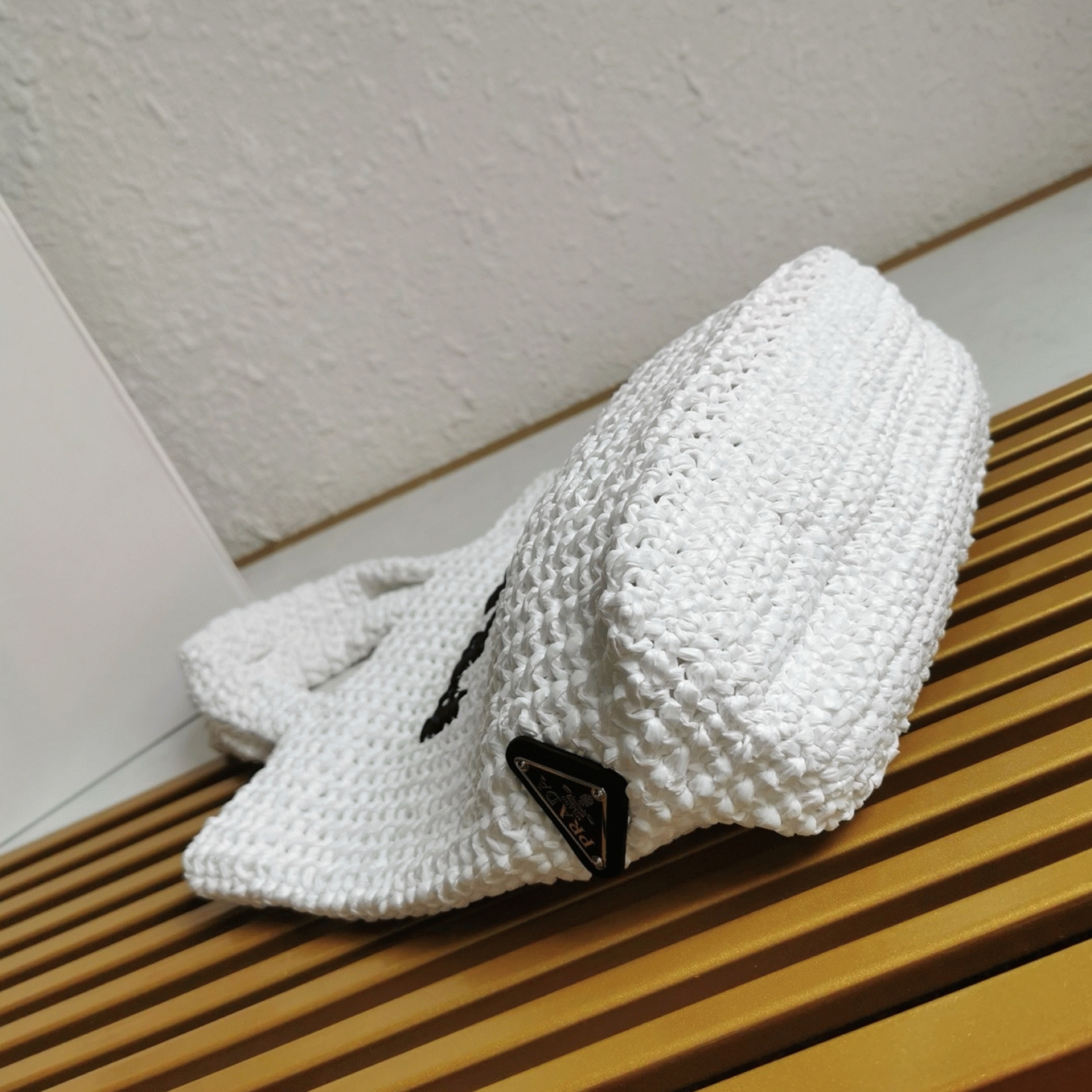 Prada Small Crochet Tote Bag Fake in White Raffia-effect Yarn angle 2