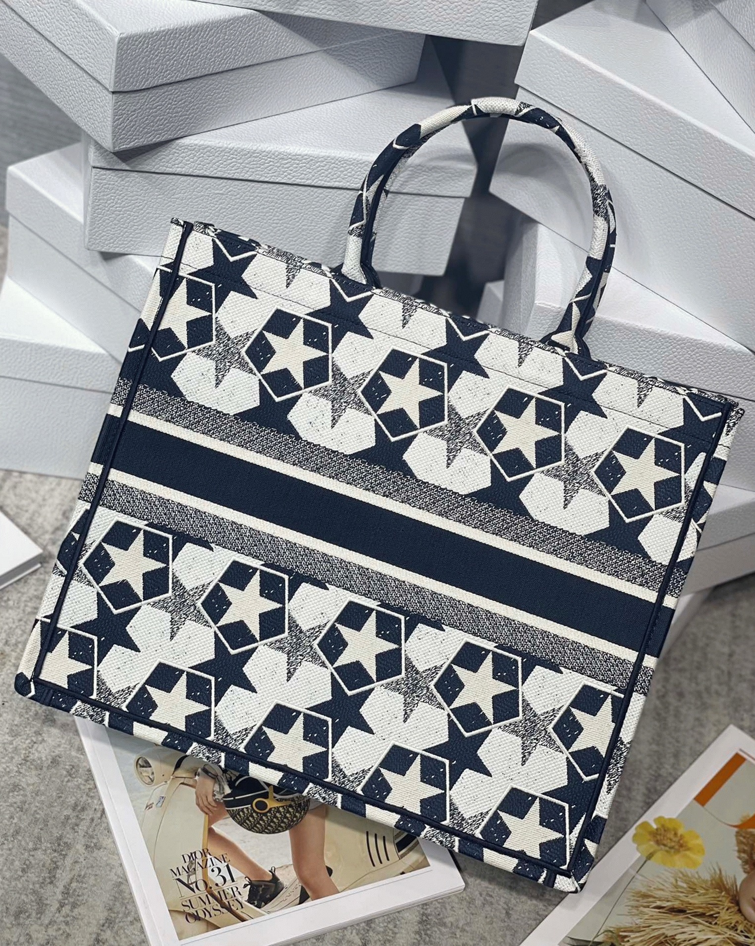Dior Large Book Tote Bag Knockoff in Blue and White Dior Etoile Embroidery angle 5