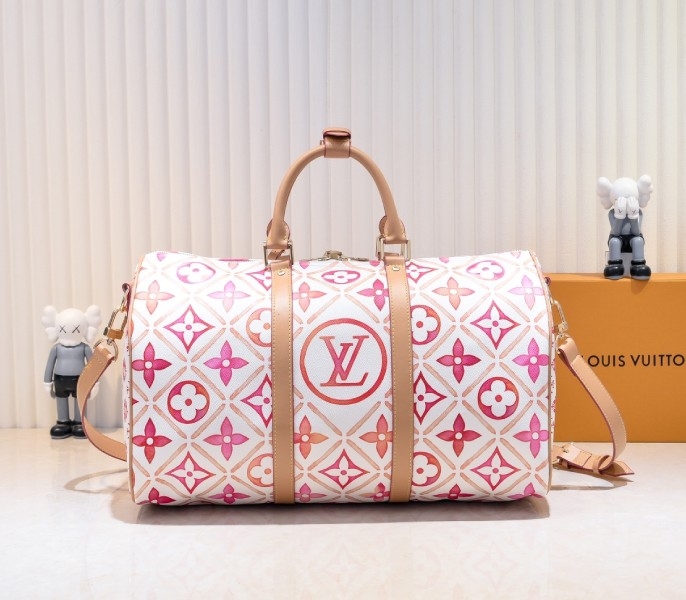 LV By The Pool Monogram Tiles Canvas Keepall 45 In Coral angle 3