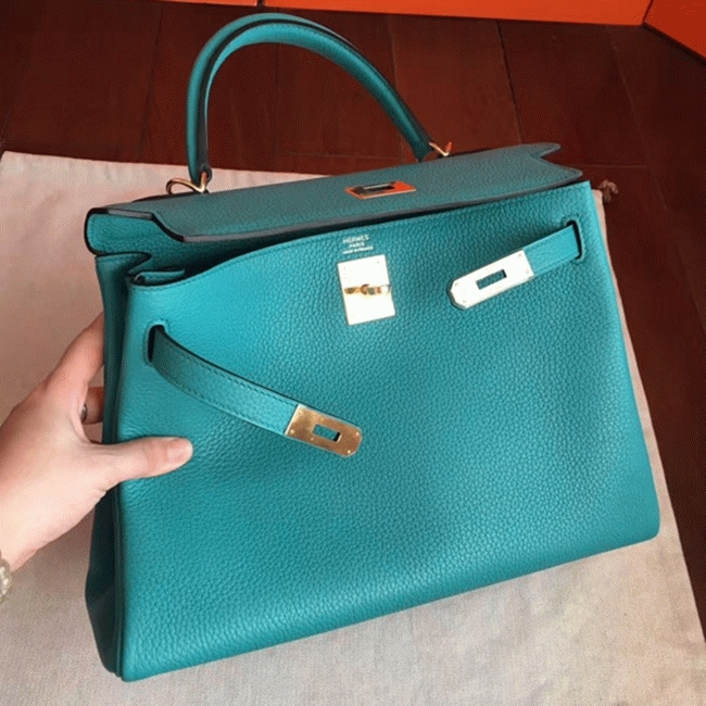 Blue Paon Clemence Fake Hermes Kelly Retourne 32cm Handbag angle 2