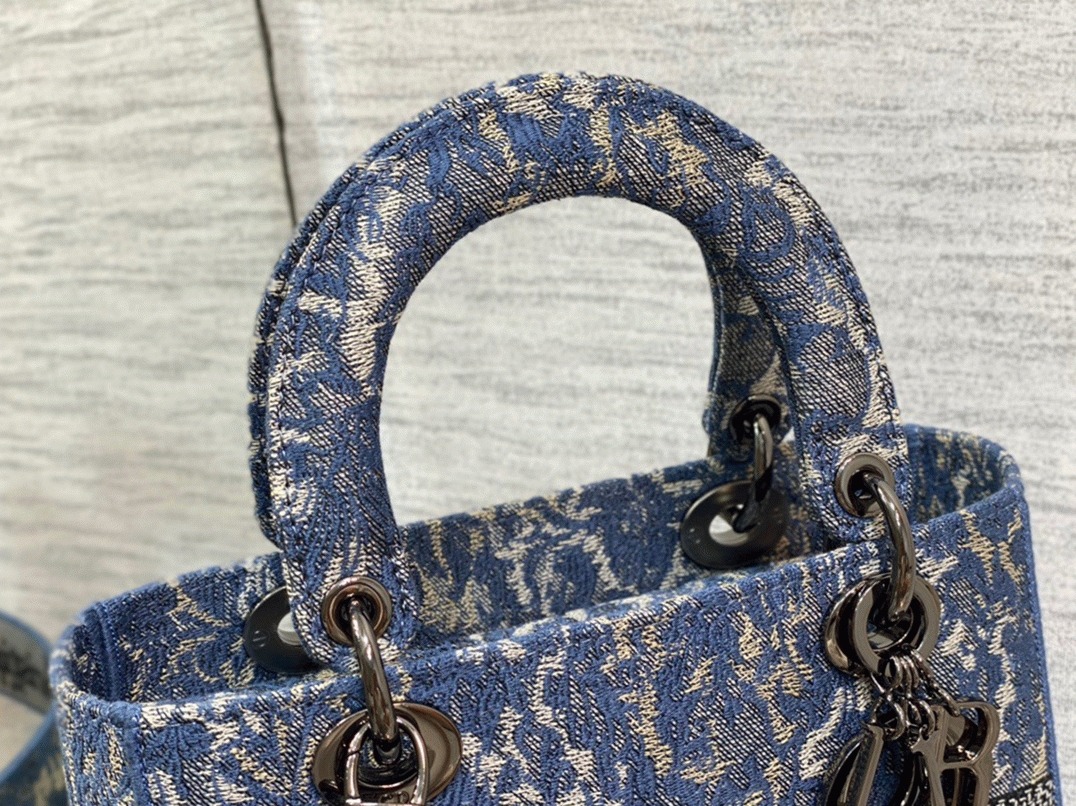 Dior Lady D-Lite Medium Bag Replica in Blue Brocart Denim-Effect Embroidery angle 2