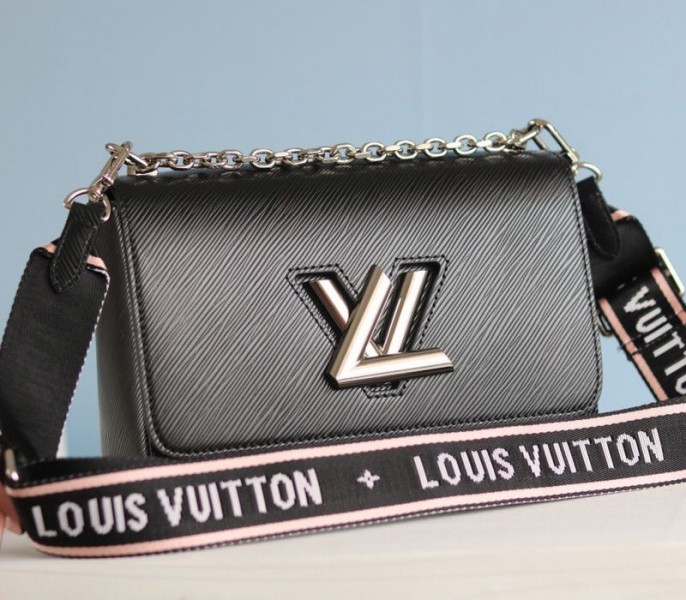 Louis Vuitton Epi Leather Twist MM Bag In Black With Jacquard Strap angle 2