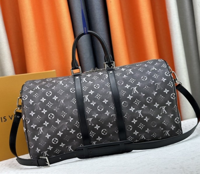 Louis Vuitton Brushed Monogram Leather Keepall Bandouliere 50 In Black angle 3