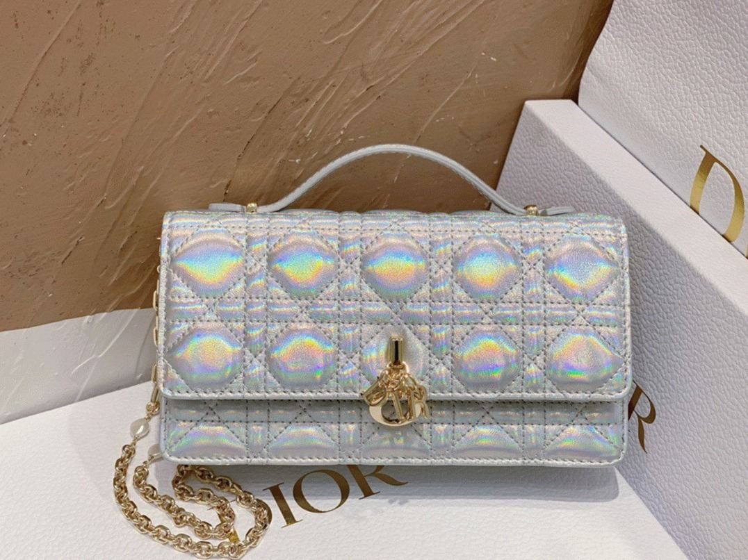 Dior Miss Dior Mini Bag Knockoff in Iridescent Metallic Silver Lambskin angle 3