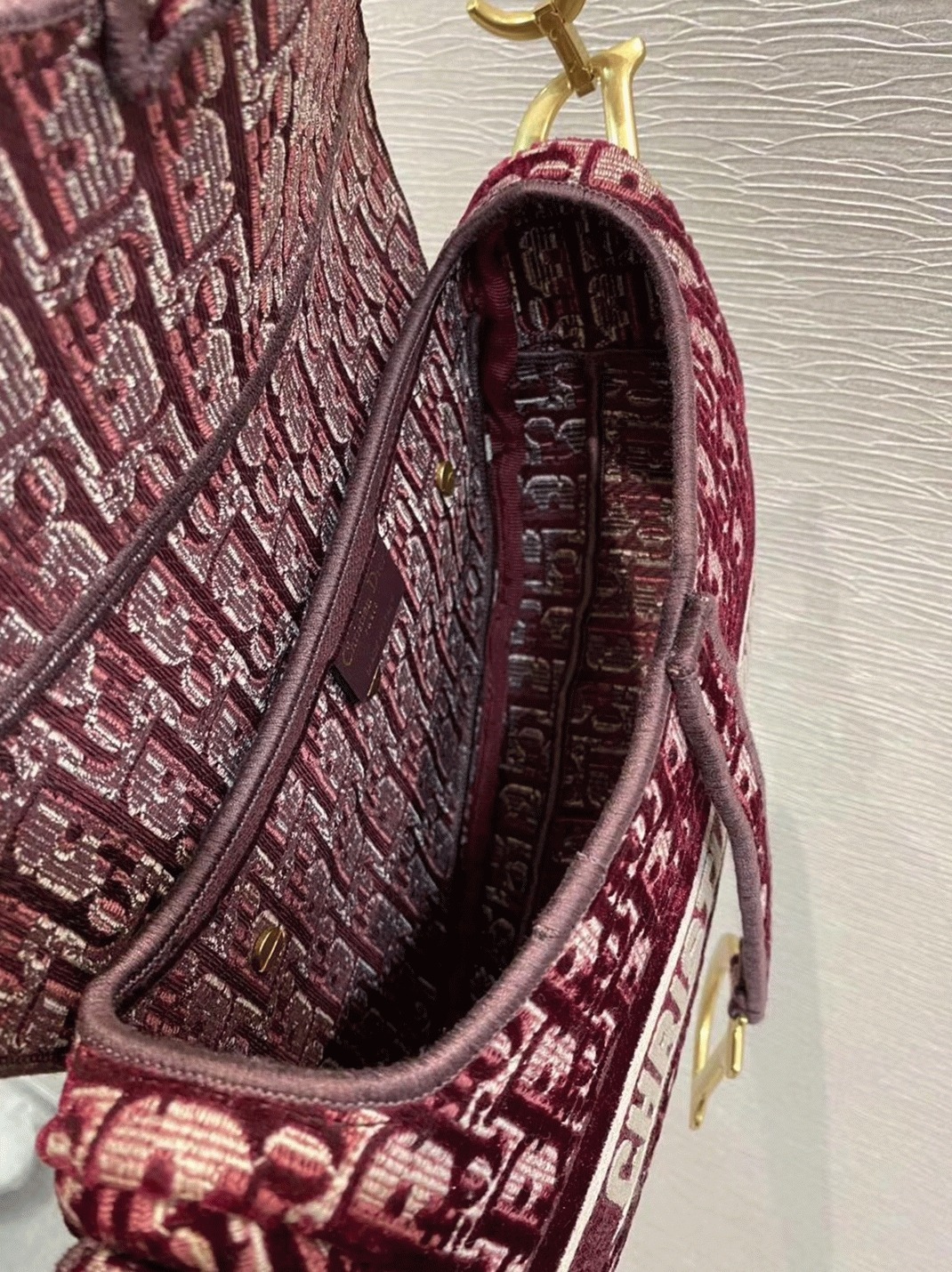 Dior Saddle Bag Faux in Bordeaux Velvet Oblique Embroidered angle 2