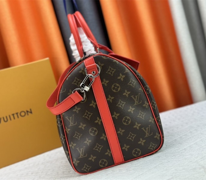 Louis Vuitton Monogram Macassar Canvas Keepall Bandouliere 50 In Red angle 4